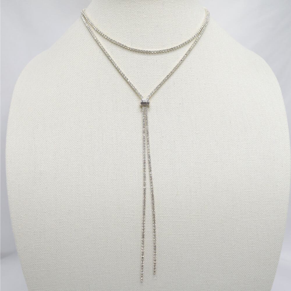 Y2K Rhinestone Y-Shaped Drop Necklace Silver Tone Formal Prom Glam Glitz Sparkly